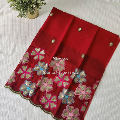 Beautiful georgette plain saree with scalloped borders, comes with heavy embroidery and sequins work blouse| Chilli red|S6