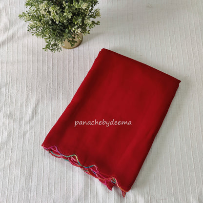 Beautiful georgette plain saree with scalloped borders, comes with heavy embroidery and sequins work blouse| Chilli red|S6