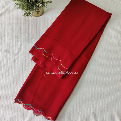 Beautiful georgette plain saree with scalloped borders, comes with heavy embroidery and sequins work blouse| Chilli red|S6