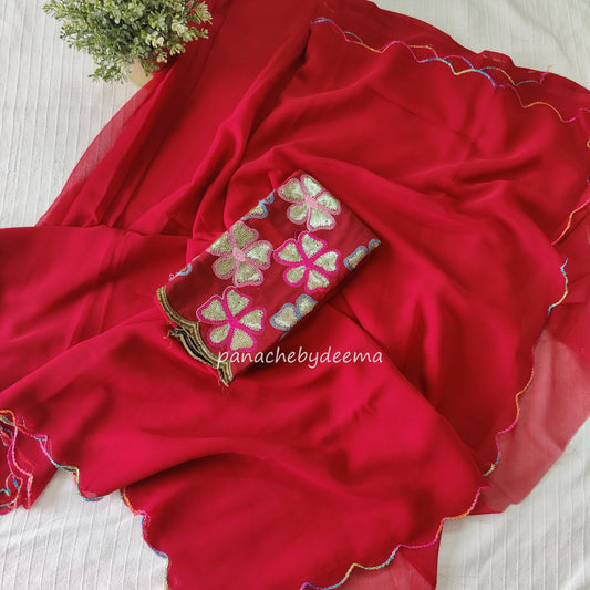 Beautiful georgette plain saree with scalloped borders, comes with heavy embroidery and sequins work blouse| Chilli red|S6
