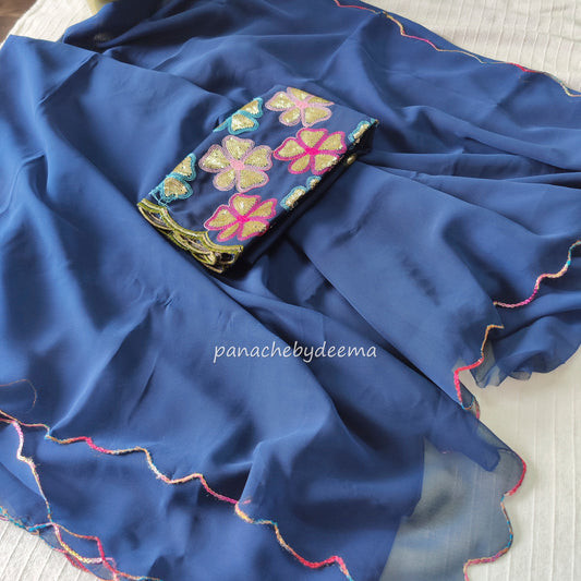 Beautiful georgette plain saree with scalloped borders, comes with heavy embroidery and sequins work blouse| Blue |S5