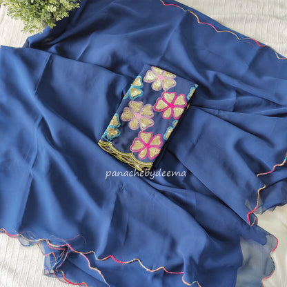 Beautiful georgette plain saree with scalloped borders, comes with heavy embroidery and sequins work blouse| Blue |S5