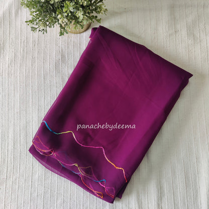Beautiful georgette plain saree with scalloped borders, comes with heavy embroidery and sequins work blouse| Purple |S3