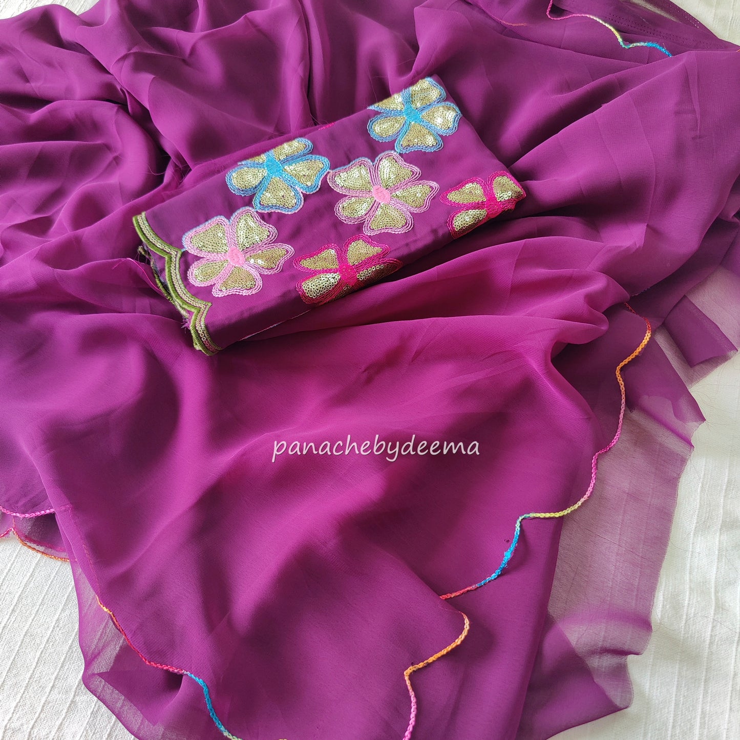 Beautiful georgette plain saree with scalloped borders, comes with heavy embroidery and sequins work blouse| Purple |S3