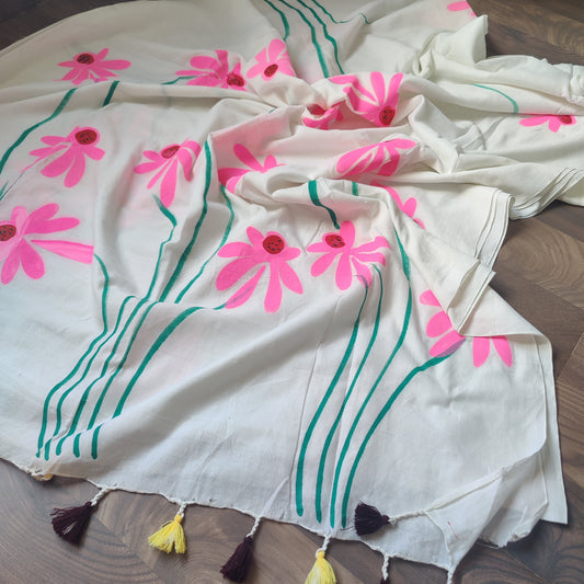 Mul cotton saree handpainted flowers  |white| K12