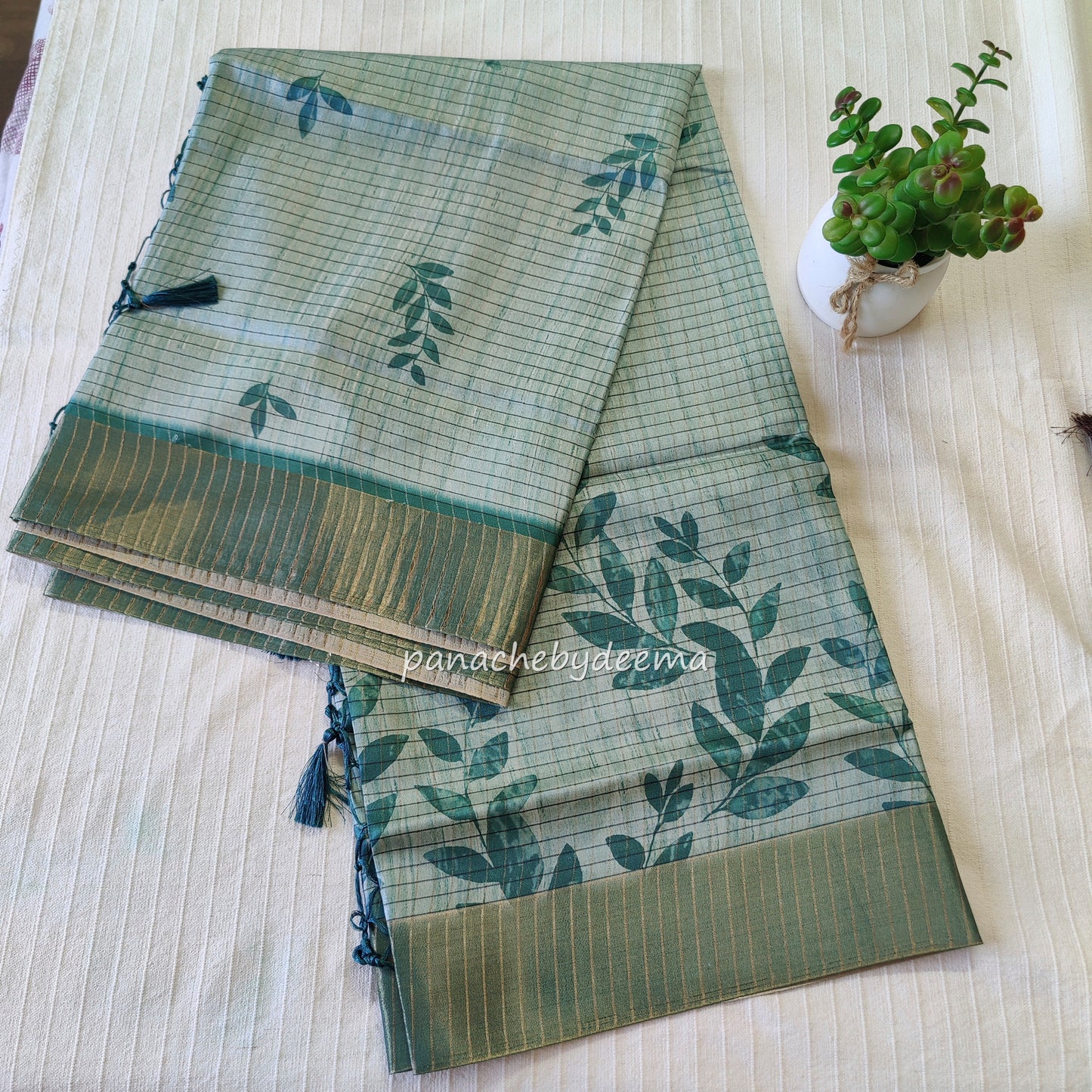 Semi silk saree with golden zari stripes | Green | HL1