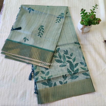 Semi silk saree with golden zari stripes | Green | HL1