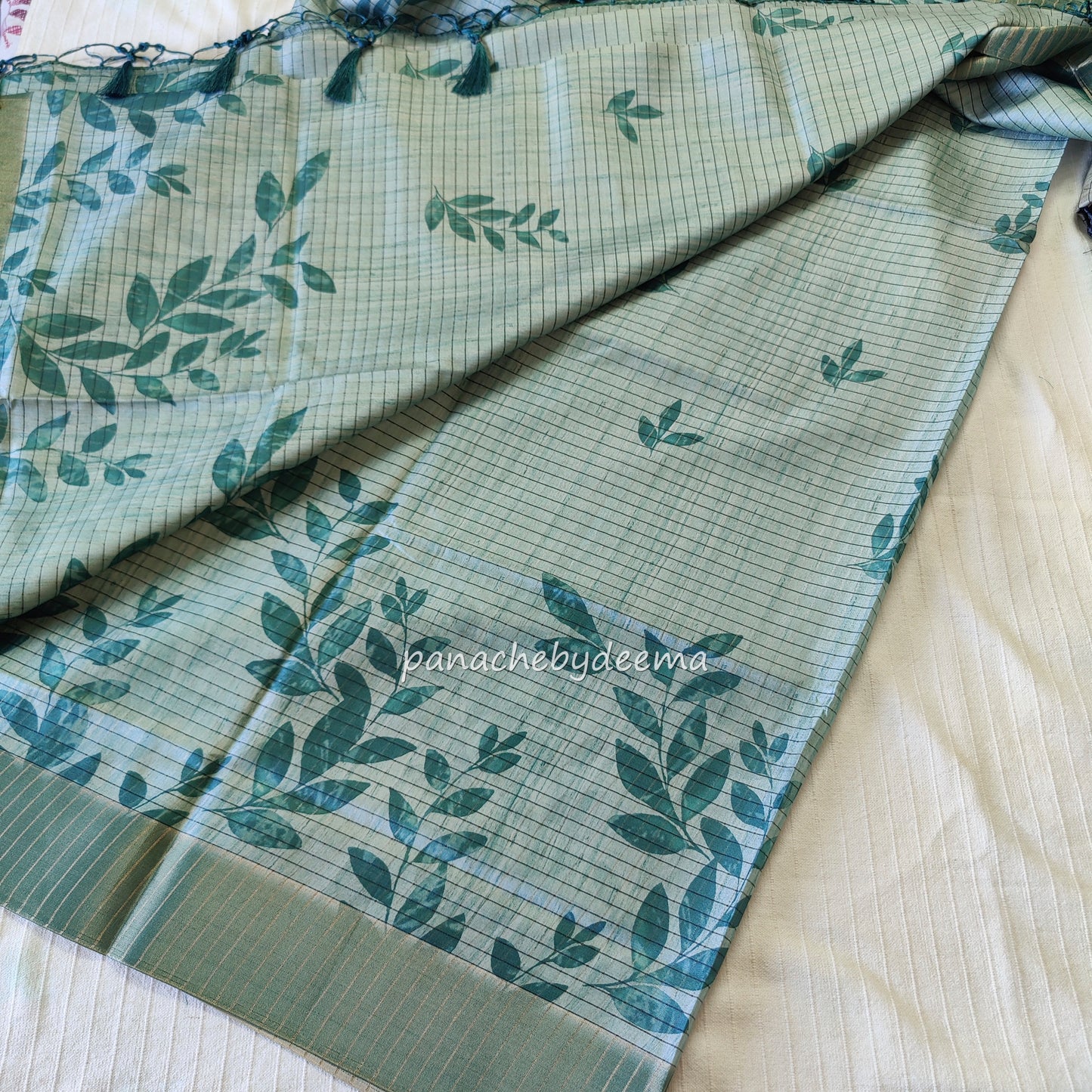 Semi silk saree with golden zari stripes | Green | HL1