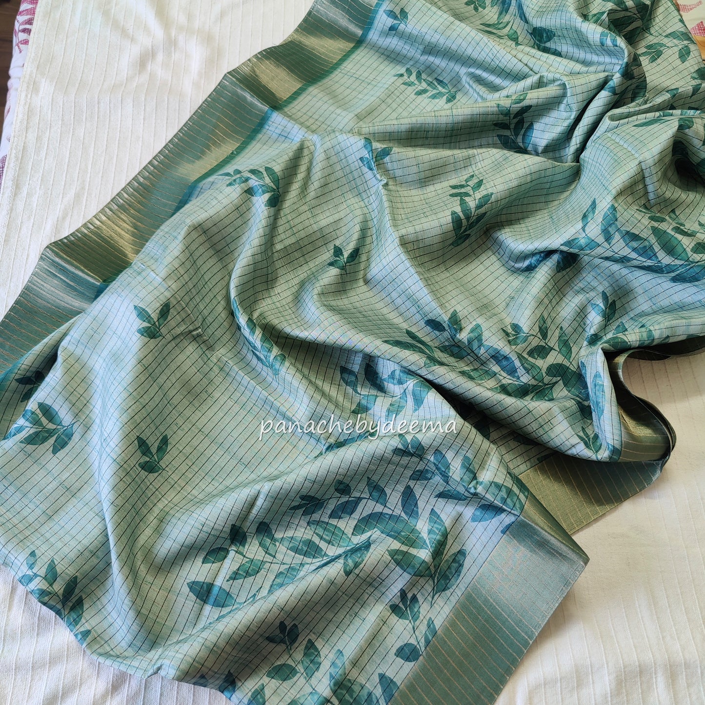 Semi silk saree with golden zari stripes | Green | HL1
