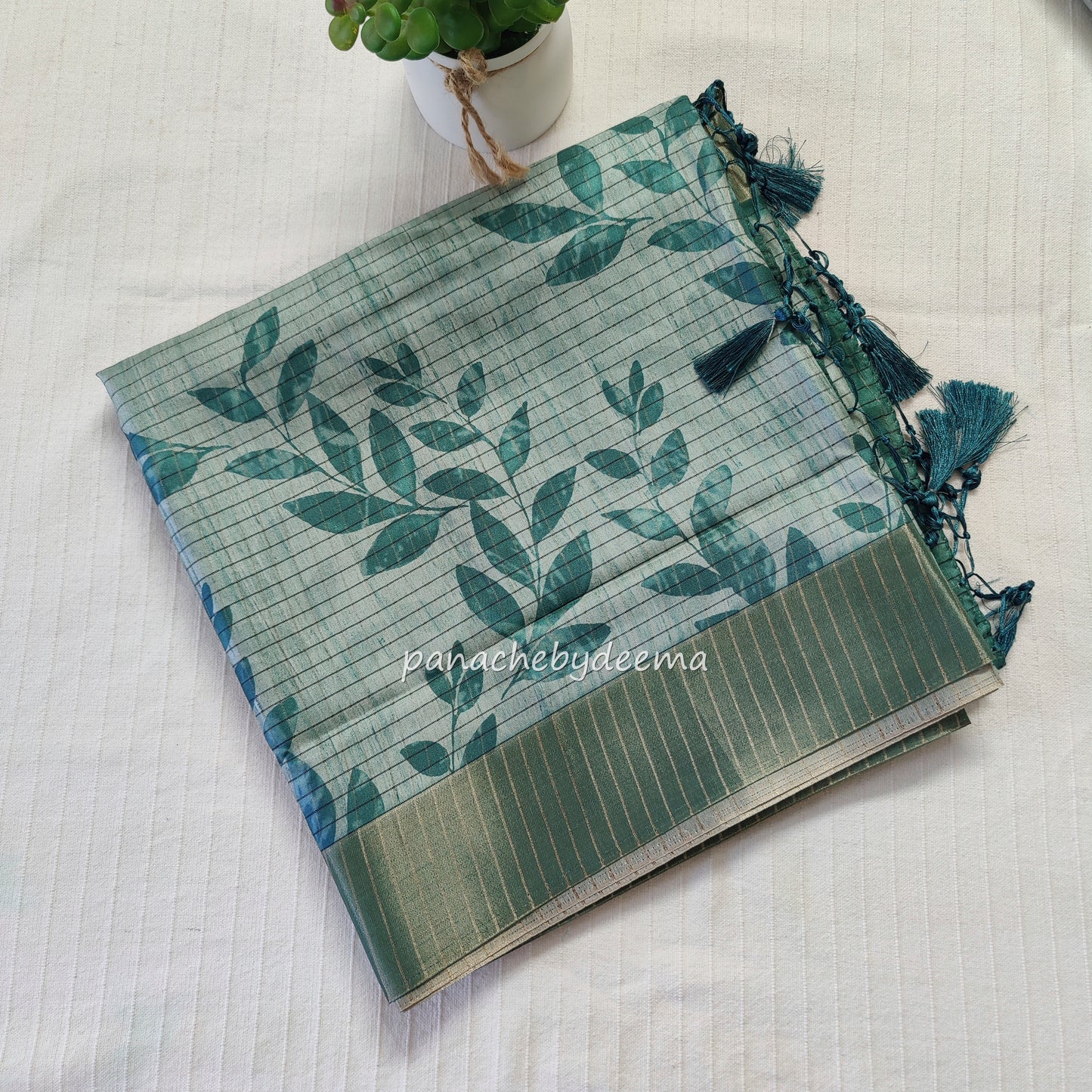 Semi silk saree with golden zari stripes | Green | HL1