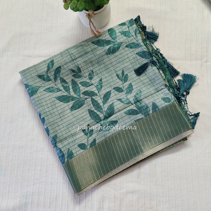 Semi silk saree with golden zari stripes | Green | HL1