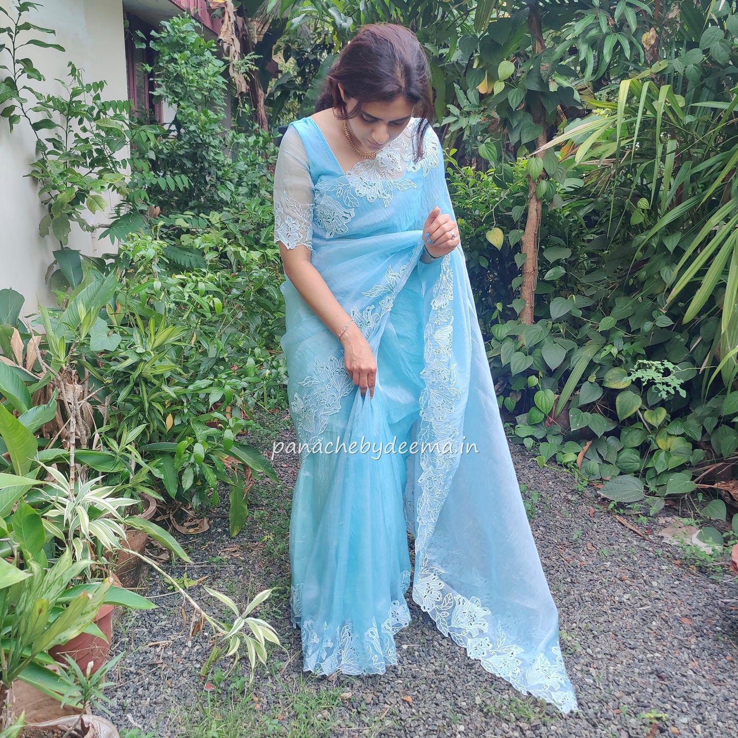 Organza glass tissue saree with embroidery and cutwork borders | Blue |GL1
