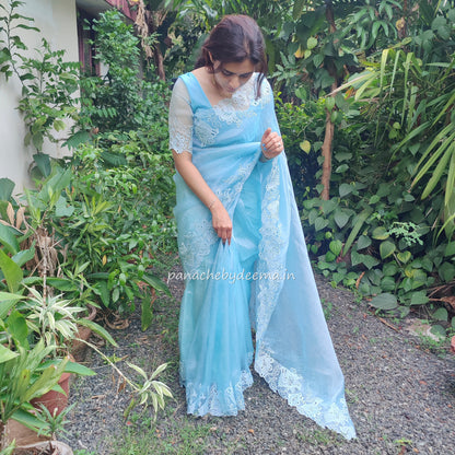 Organza glass tissue saree with embroidery and cutwork borders | Blue |GL1