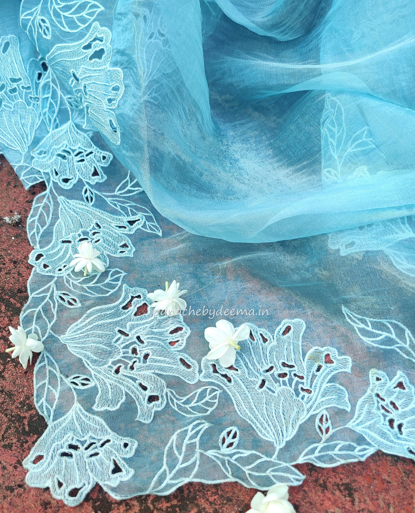 Organza glass tissue saree with embroidery and cutwork borders | Blue |GL1