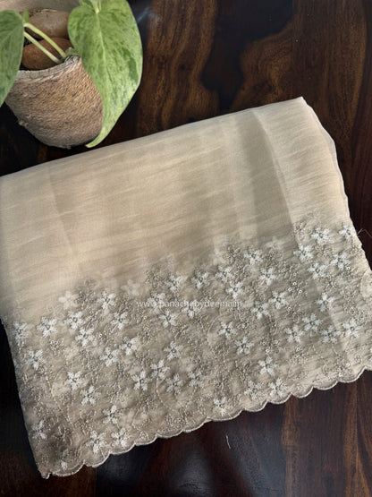 Crushed tissue organza saree with embroidery and scalloped borders | Champagne gold | GL11