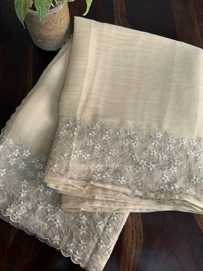 Crushed tissue organza saree with embroidery and scalloped borders | Champagne gold | GL11