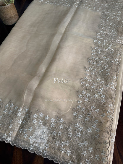 Crushed tissue organza saree with embroidery and scalloped borders | Champagne gold | GL11