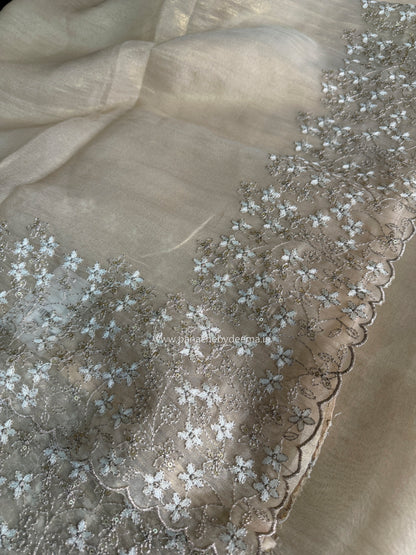 Crushed tissue organza saree with embroidery and scalloped borders | Champagne gold | GL11