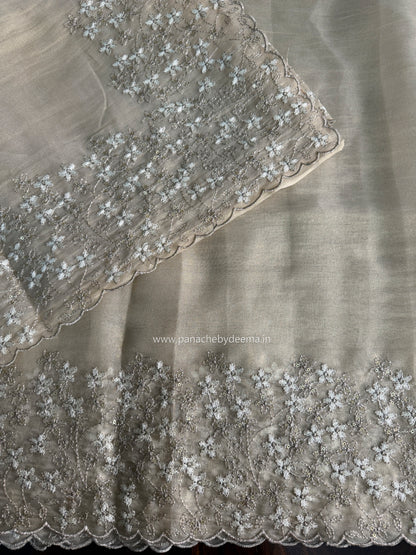 Crushed tissue organza saree with embroidery and scalloped borders | Champagne gold | GL11