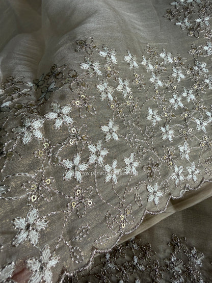Crushed tissue organza saree with embroidery and scalloped borders | Champagne gold | GL11
