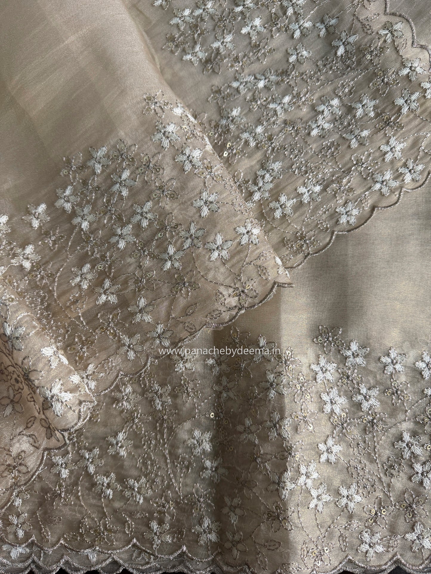 Crushed tissue organza saree with embroidery and scalloped borders | Champagne gold | GL11