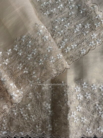 Crushed tissue organza saree with embroidery and scalloped borders | Champagne gold | GL11