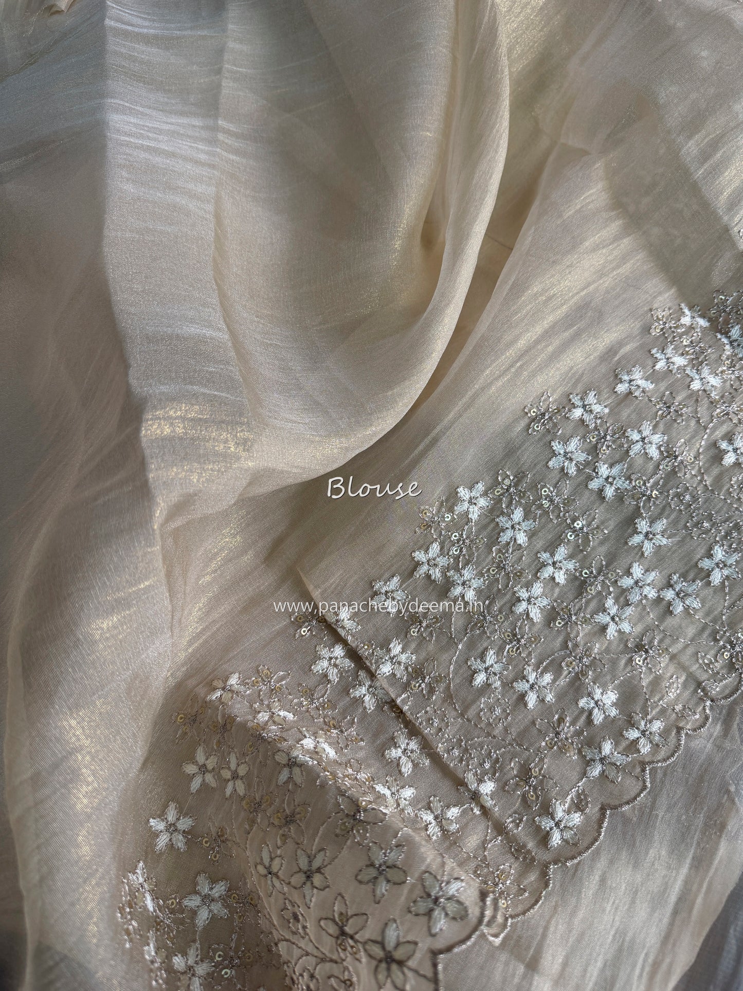 Crushed tissue organza saree with embroidery and scalloped borders | Champagne gold | GL11