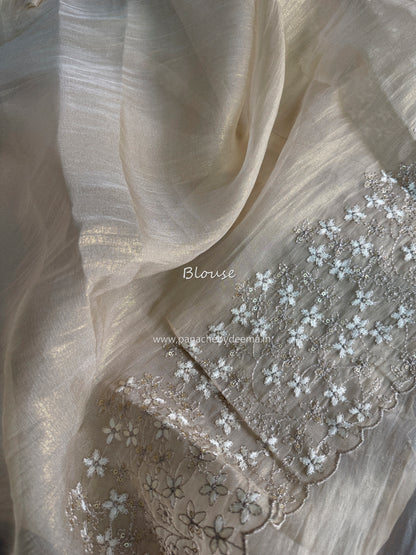Crushed tissue organza saree with embroidery and scalloped borders | Champagne gold | GL11