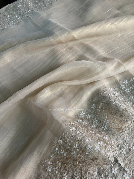 Crushed tissue organza saree with embroidery and scalloped borders | Champagne gold | GL11