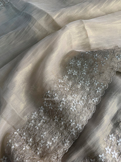Crushed tissue organza saree with embroidery and scalloped borders | Champagne gold | GL11