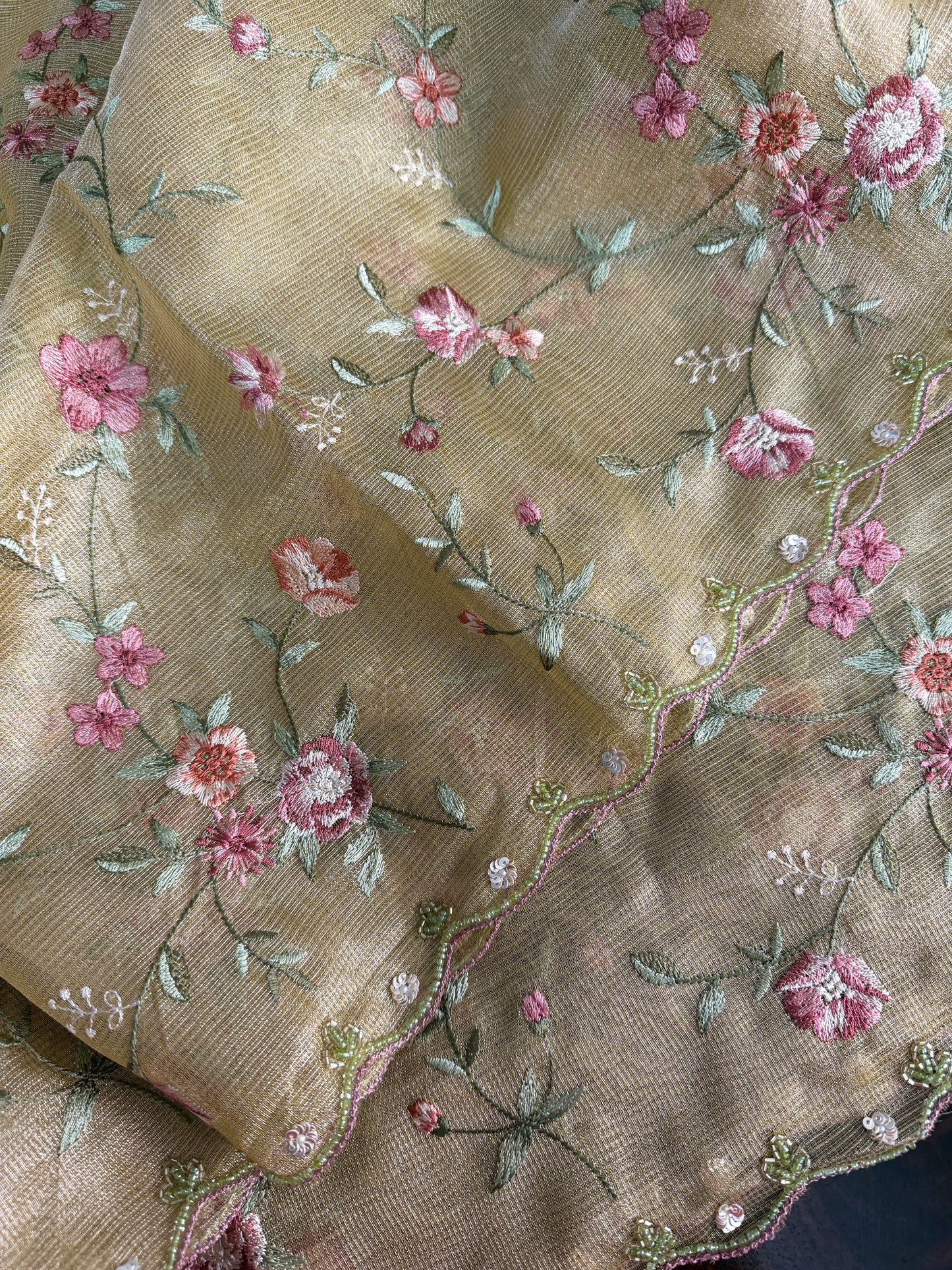 Kota tissue saree with embroidery and handworked scalloped edges |Gold|Tis9