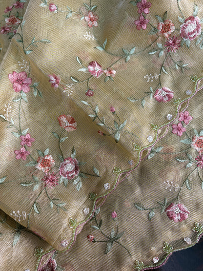 Kota tissue saree with embroidery and handworked scalloped edges |Gold|Tis9