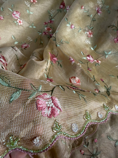Kota tissue saree with embroidery and handworked scalloped edges |Gold|Tis9