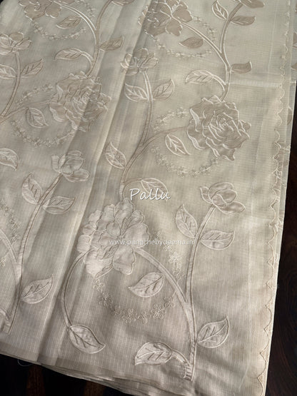 Silky Kota saree with applique work | Light Cream| KAP13