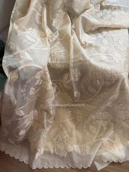 Silky Kota saree with applique work | Light Cream| KAP13