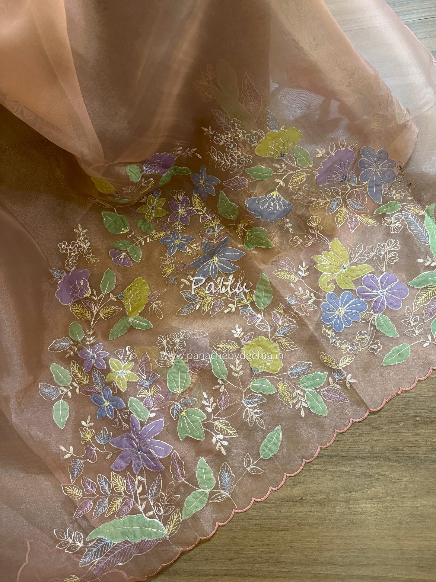 Glass Tissue Organza saree with multicolour applique work and pita embroidery| Peach | BA4(Copy)