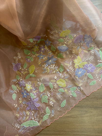 Glass Tissue Organza saree with multicolour applique work and pita embroidery| Peach | BA4(Copy)