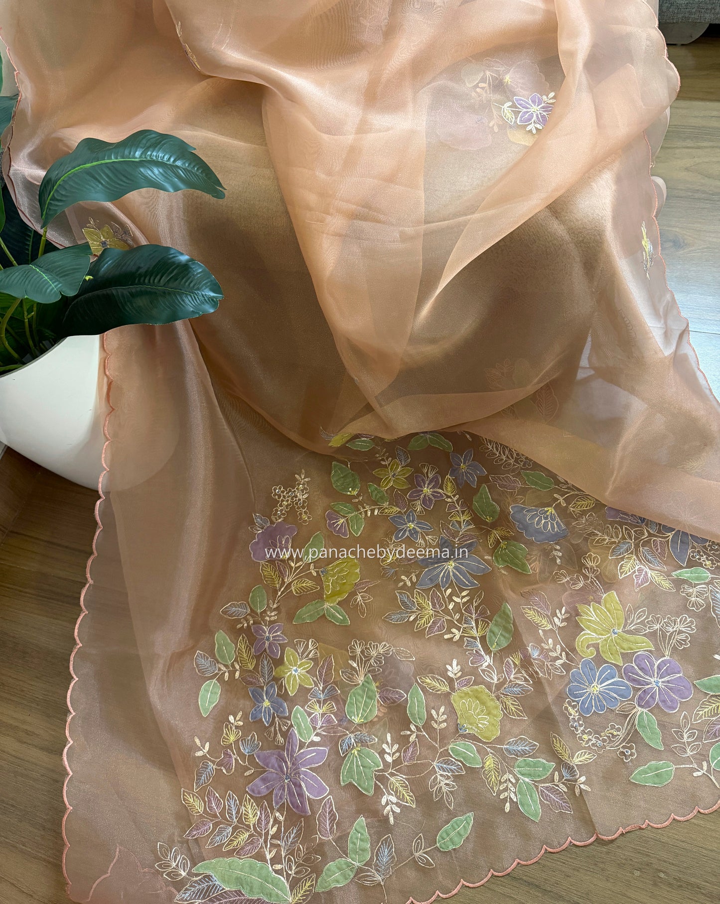 Glass Tissue Organza saree with multicolour applique work and pita embroidery| Peach | BA4(Copy)