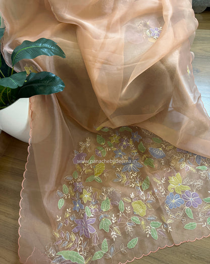 Glass Tissue Organza saree with multicolour applique work and pita embroidery| Peach | BA4(Copy)