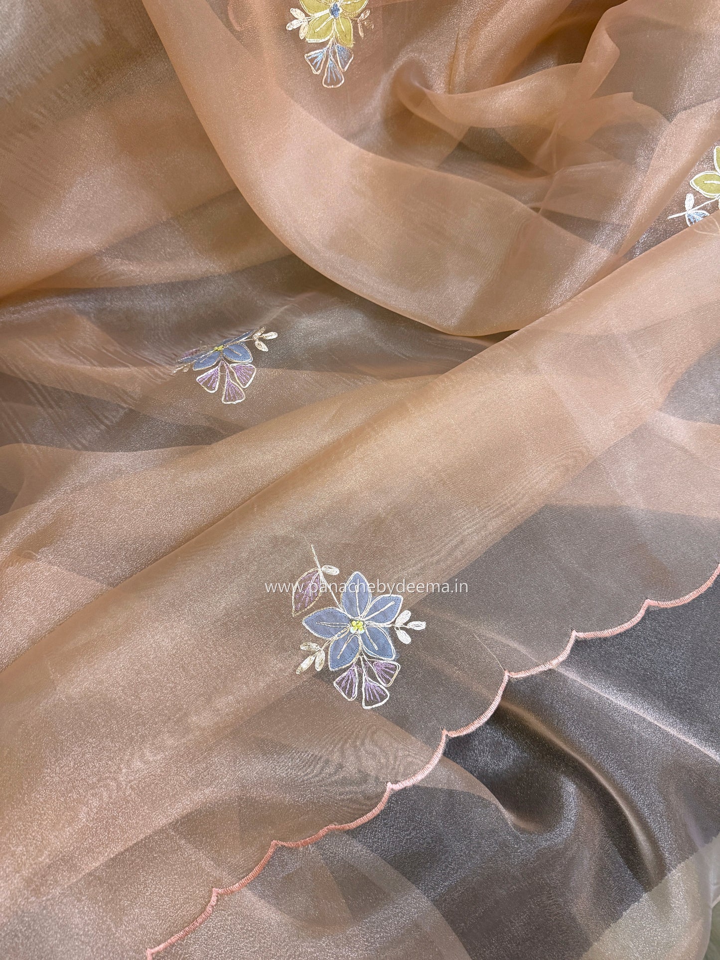 Glass Tissue Organza saree with multicolour applique work and pita embroidery| Peach | BA4(Copy)