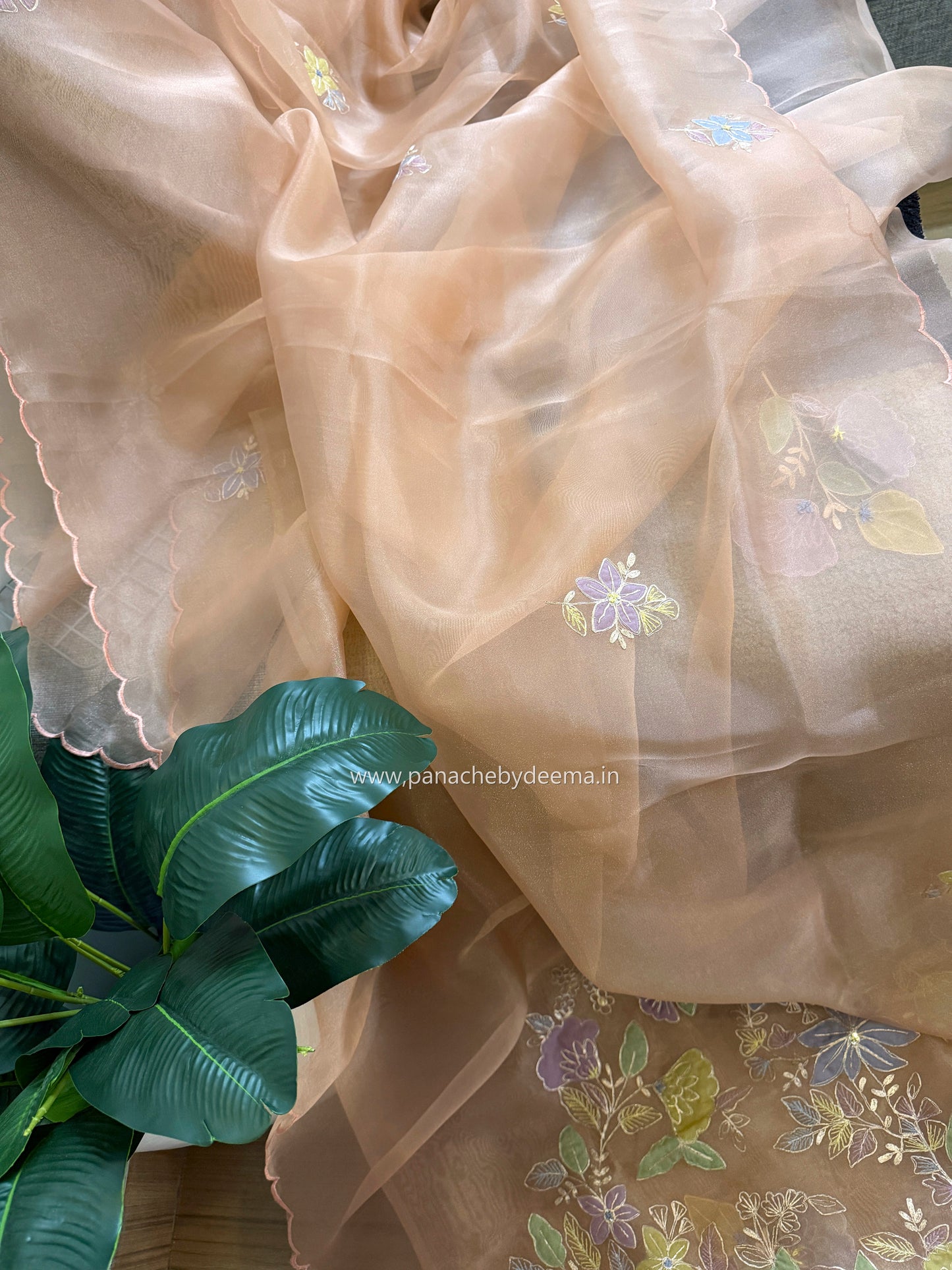 Glass Tissue Organza saree with multicolour applique work and pita embroidery| Peach | BA4(Copy)