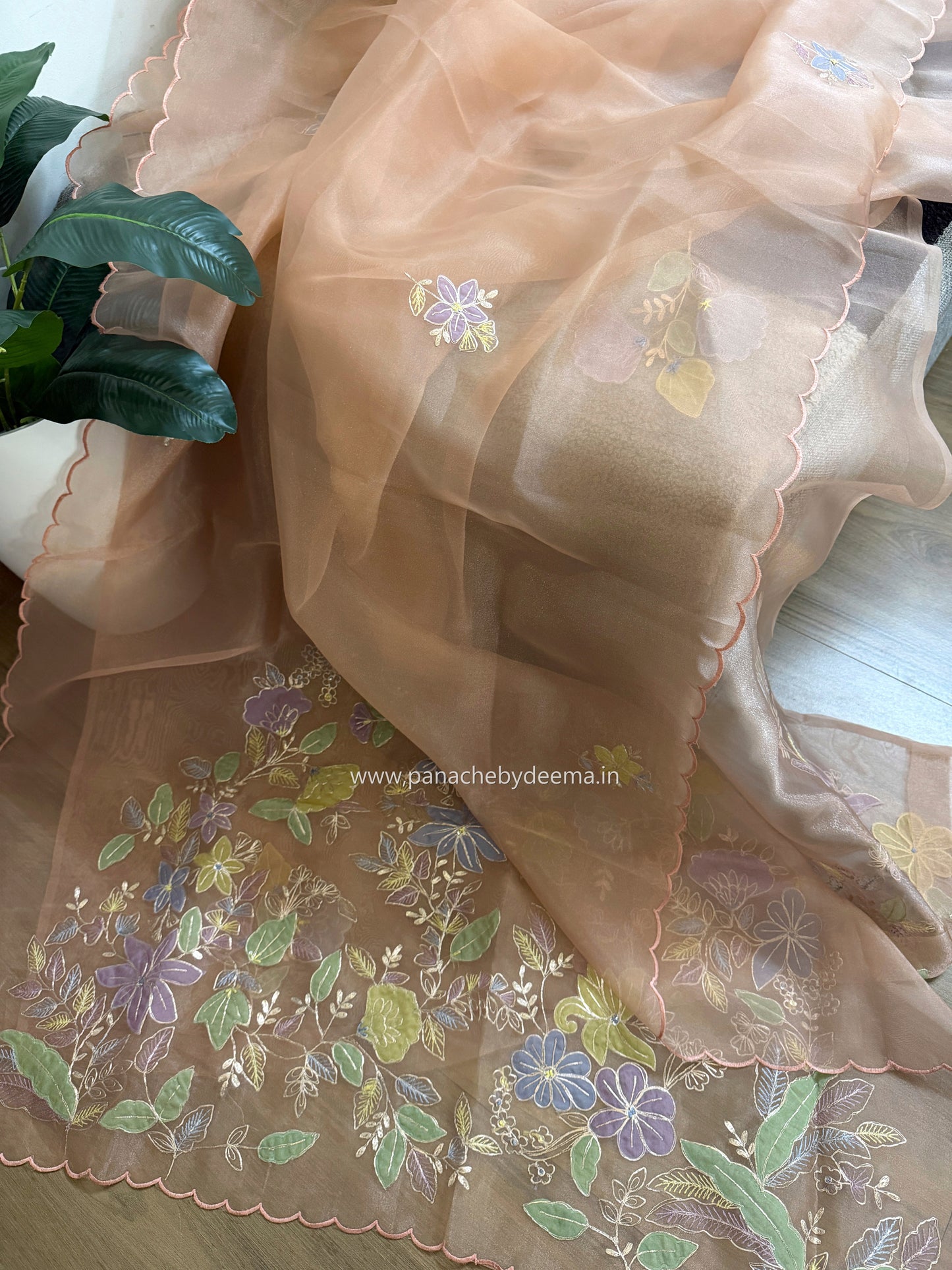 Glass Tissue Organza saree with multicolour applique work and pita embroidery| Peach | BA4(Copy)