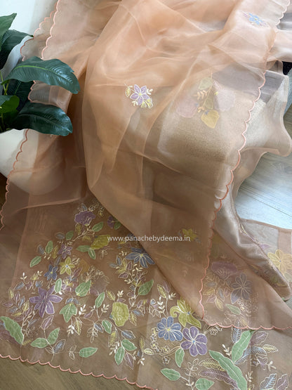 Glass Tissue Organza saree with multicolour applique work and pita embroidery| Peach | BA4(Copy)