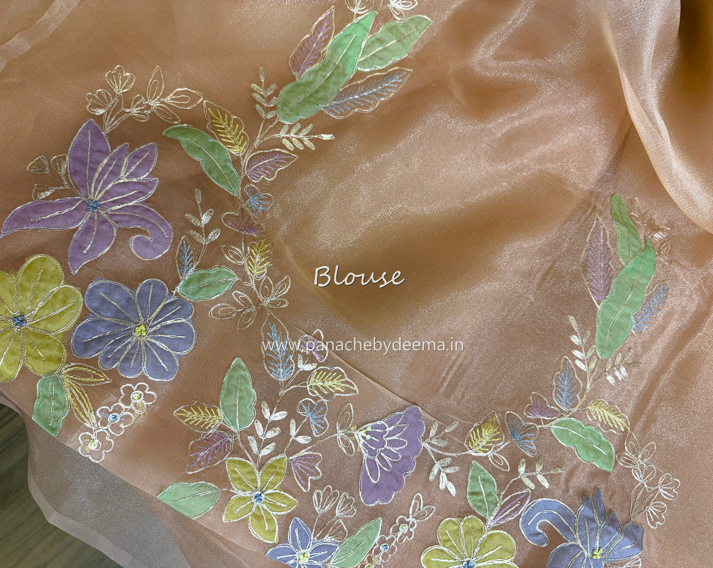 Glass Tissue Organza saree with multicolour applique work and pita embroidery| Peach | BA4(Copy)