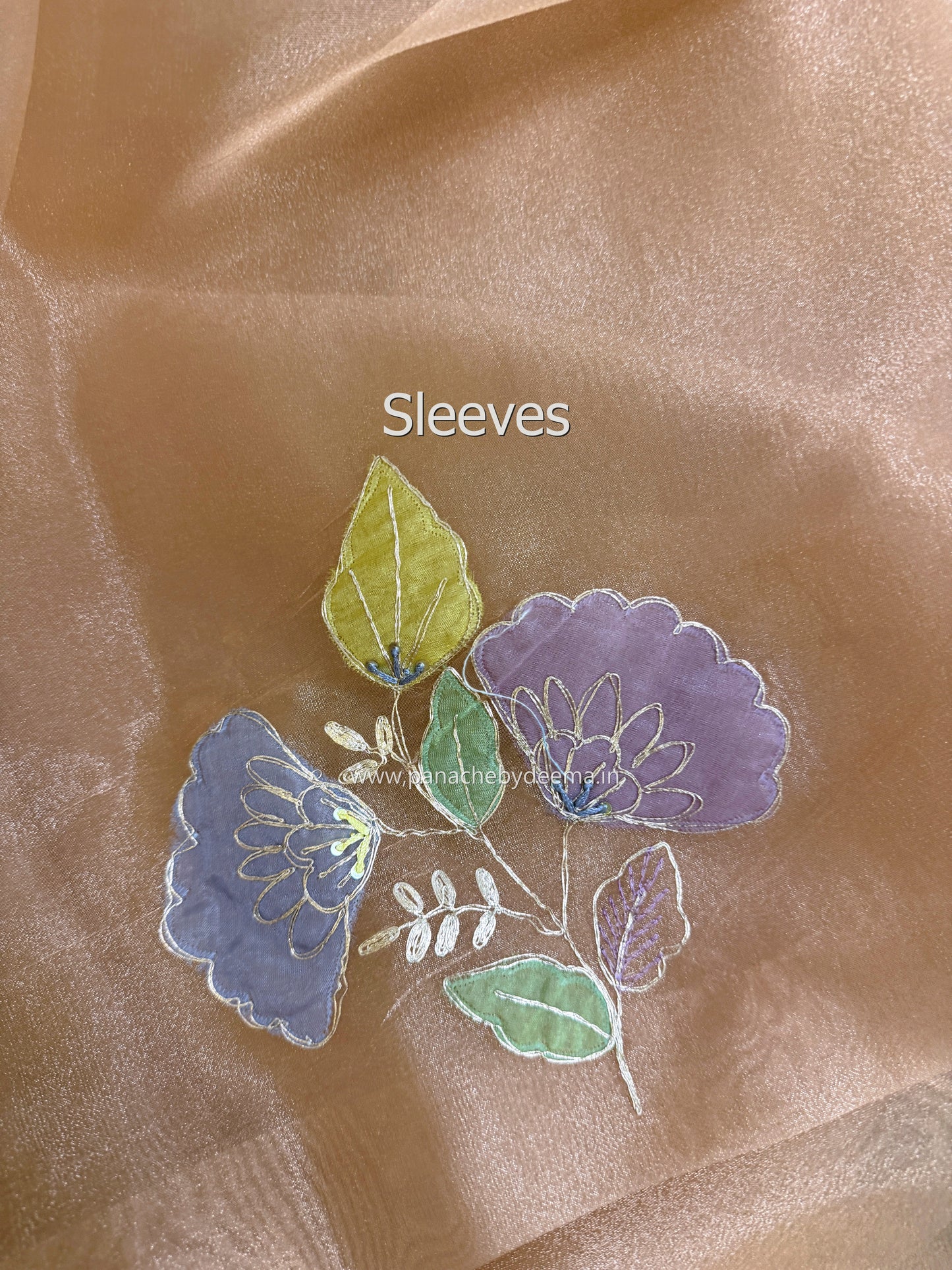 Glass Tissue Organza saree with multicolour applique work and pita embroidery| Peach | BA4(Copy)
