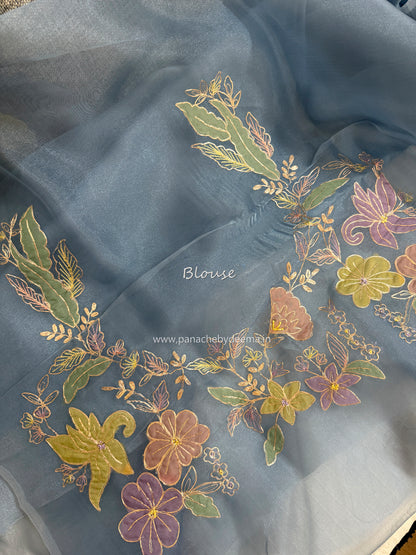 Glass Tissue Organza saree with multicolour applique work and pita embroidery| Powder blue| BA5