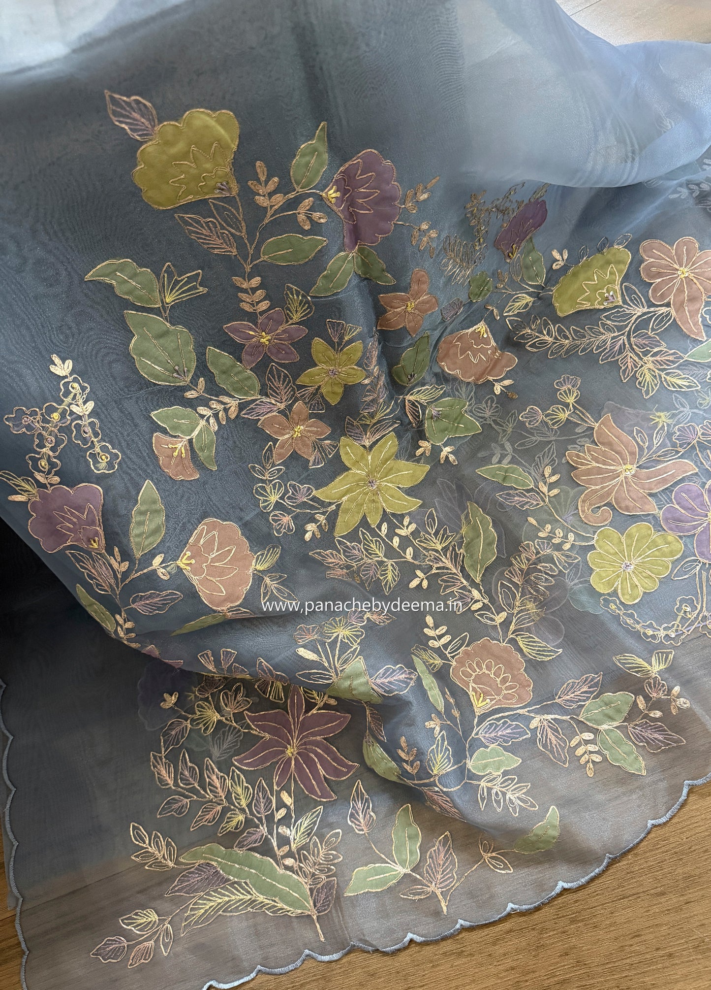 Glass Tissue Organza saree with multicolour applique work and pita embroidery| Powder blue| BA5