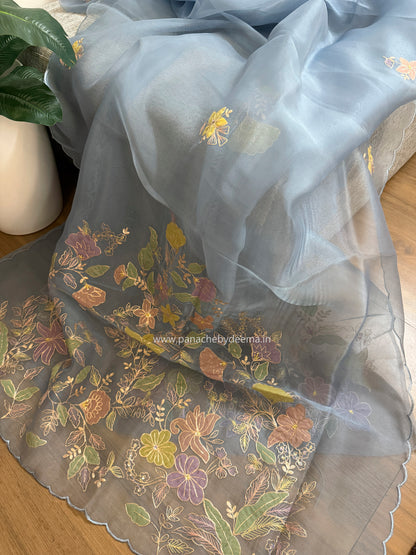Glass Tissue Organza saree with multicolour applique work and pita embroidery| Powder blue| BA5