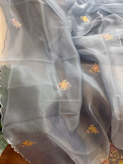 Glass Tissue Organza saree with multicolour applique work and pita embroidery| Powder blue| BA5