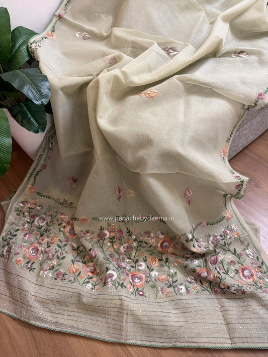 Linen kota saree with hand embroidery and lace edges | Green | LK4